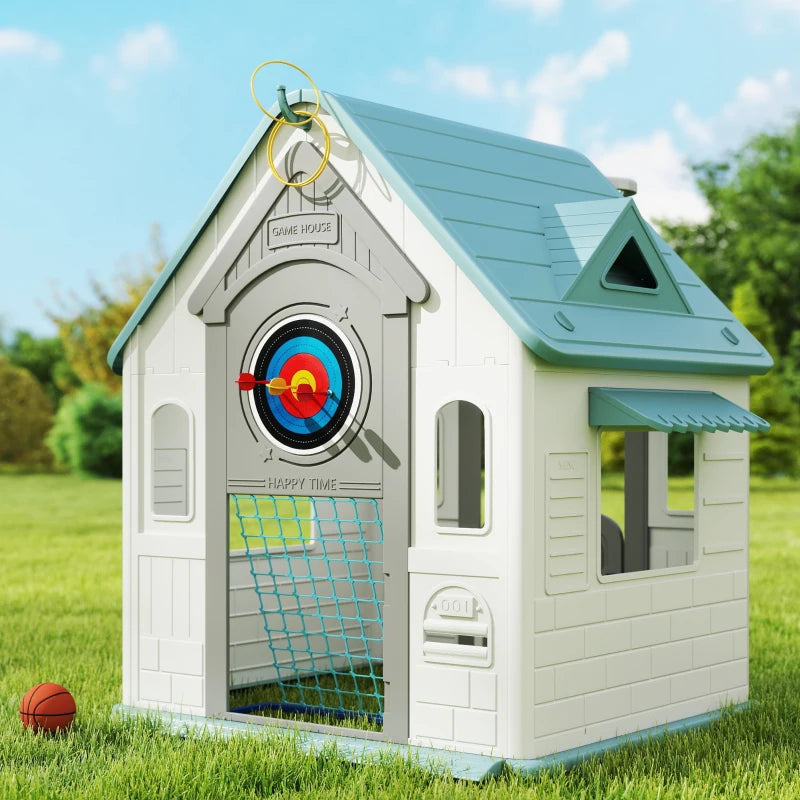 AIYAPLAY 5-in-1 Playhouse for Kids Outdoor Indoor with Basketball Hoop, Football Goal, Dartboard, Ring Toss for 2-5 Years
