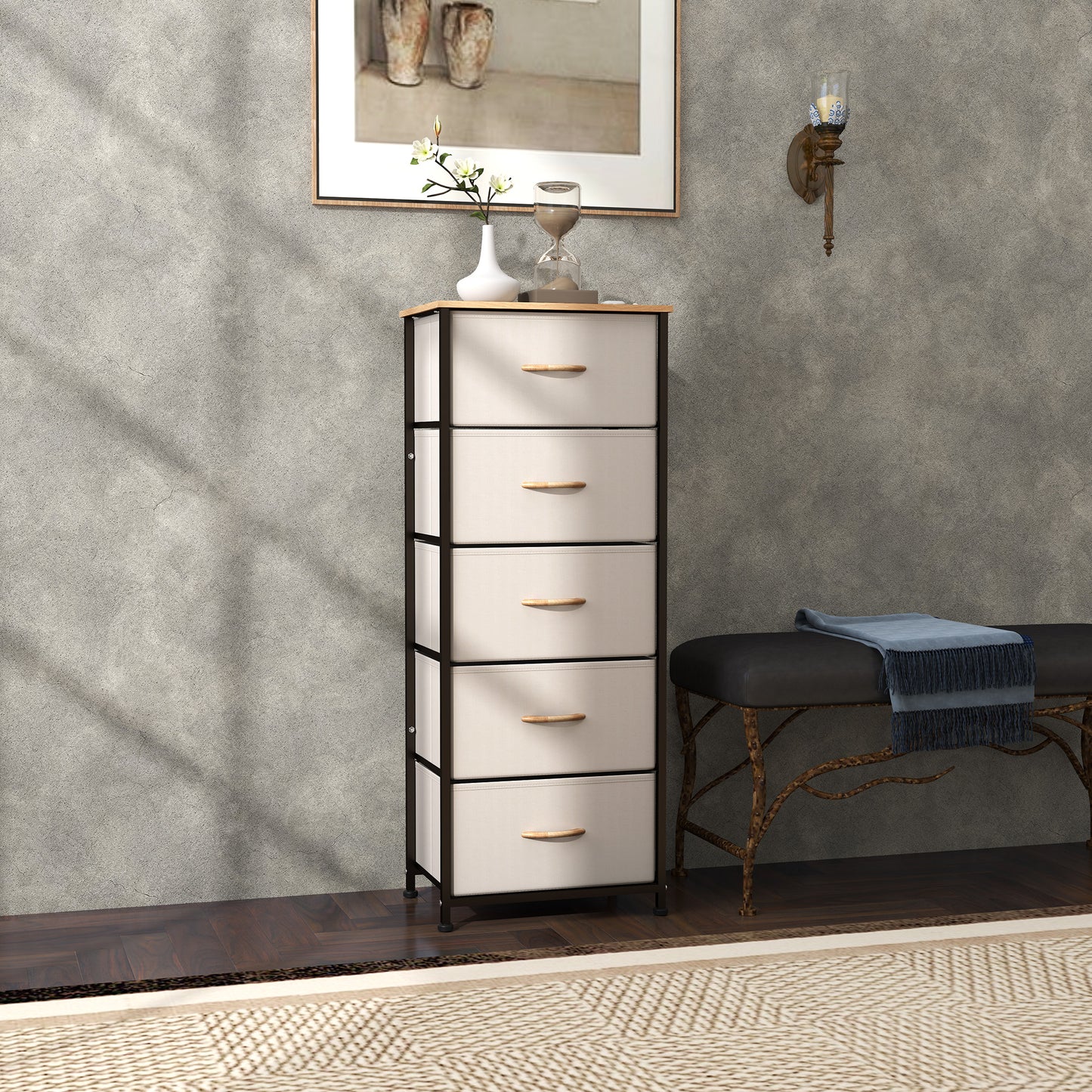 HOMCOM Chest of Drawers, Industrial Dresser with 5 Fabric Drawers, Steel Frame & Wooden Top for Bedroom, Nursery, Hallway, Cream White