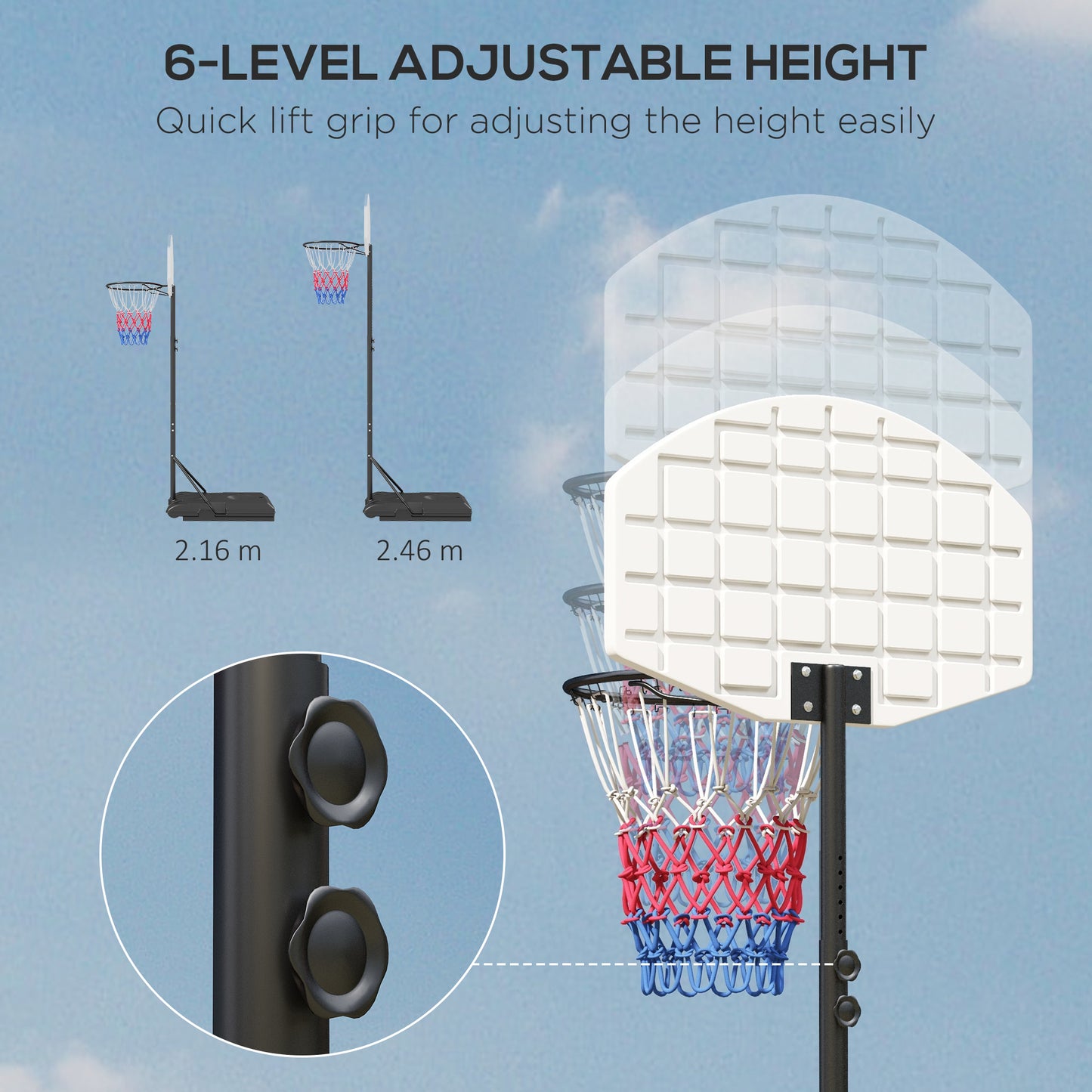 SPORTNOW Adjustable Basketball Stand Net System with Wheels Enlarged Base PE Backboard 179-209cm