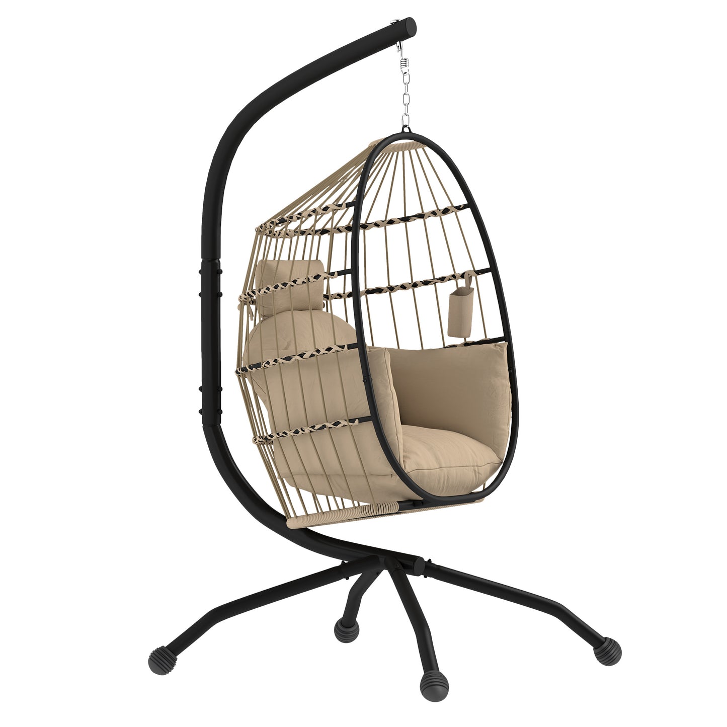 Outsunny Hanging Egg Chair with Stand, Cushion, Headrest & Cup Holder for Garden, Patio, Balcony, Khaki