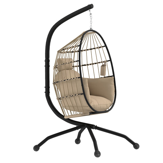 Outsunny Hanging Egg Chair with Stand, Cushion, Headrest & Cup Holder for Garden, Patio, Balcony, Khaki