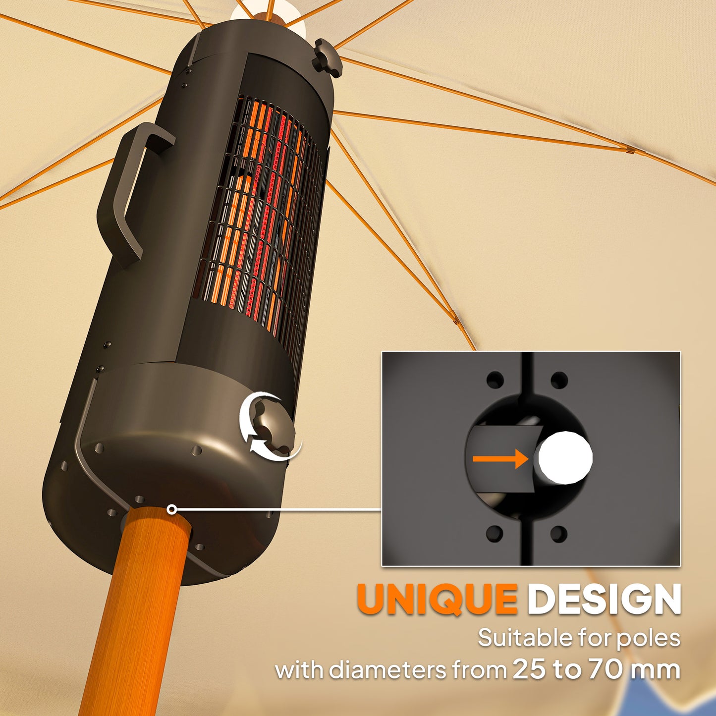 Outsunny Electric Umbrella Patio Heater, 2000W, 2 Heat Settings, Tip-Over Protection, Fits 25-70mm Poles, 6m² Coverage, Black