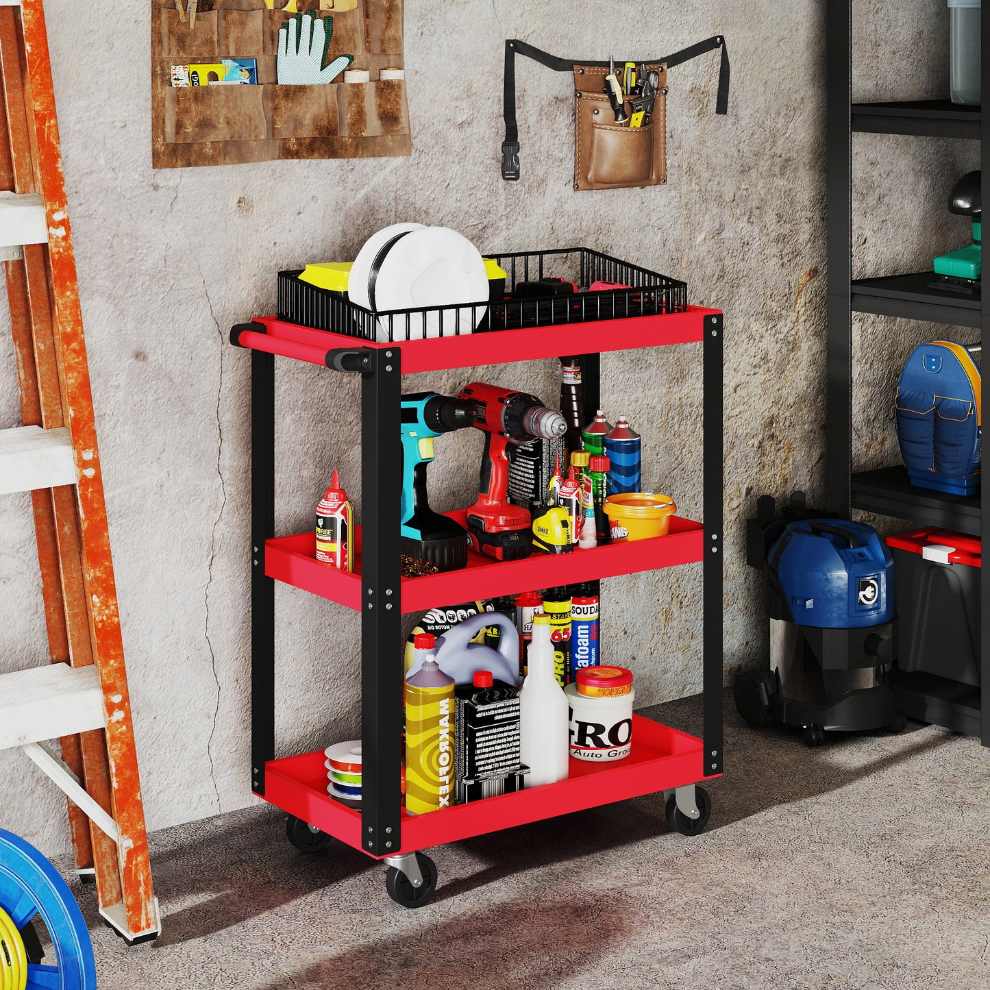 HOMCOM Tool Utility Cart Heavy Duty Tool Trolley Rolling with Brake Swivel Castors 3 Shelves Black Red