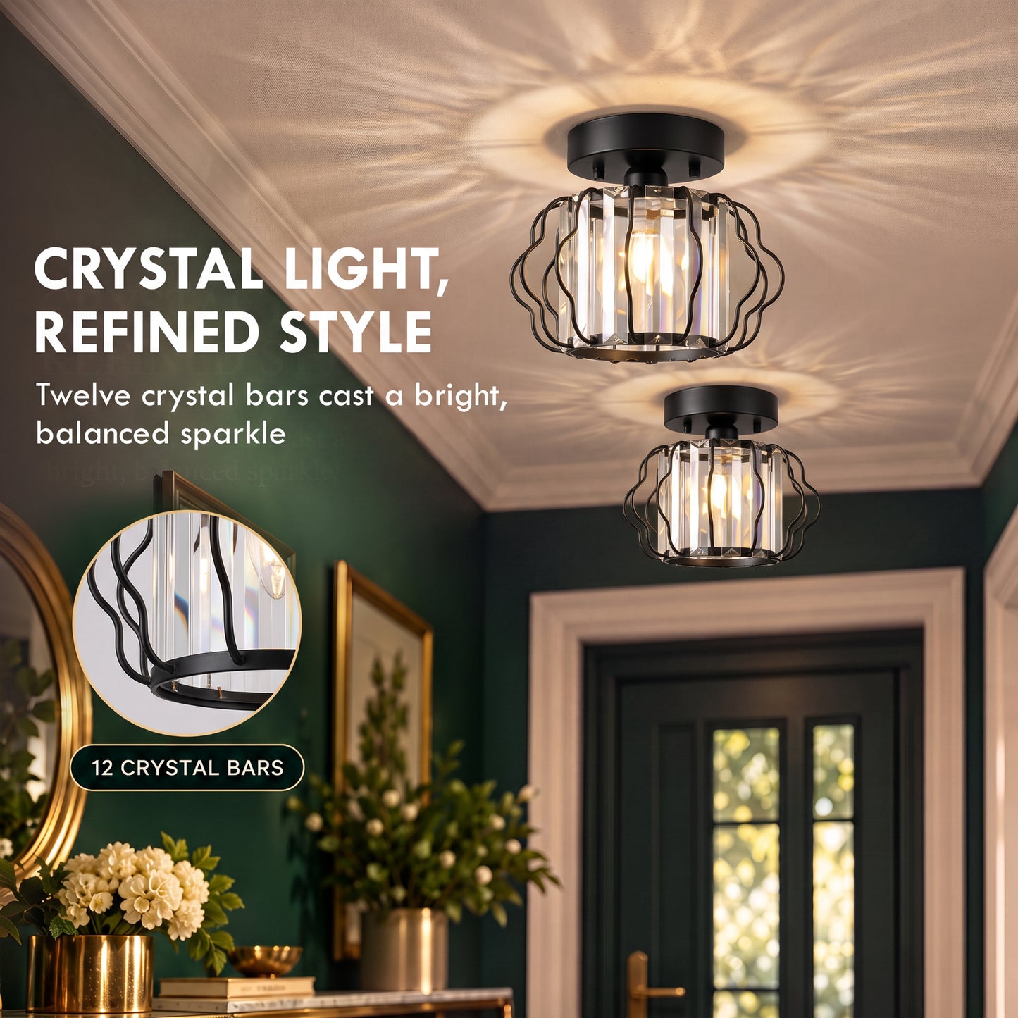 HOMCOM Crystal Ceiling Light Fixtures, Modern Semi-Flush Ceiling Lighting with Crystal Strips, 2 Pack, Black