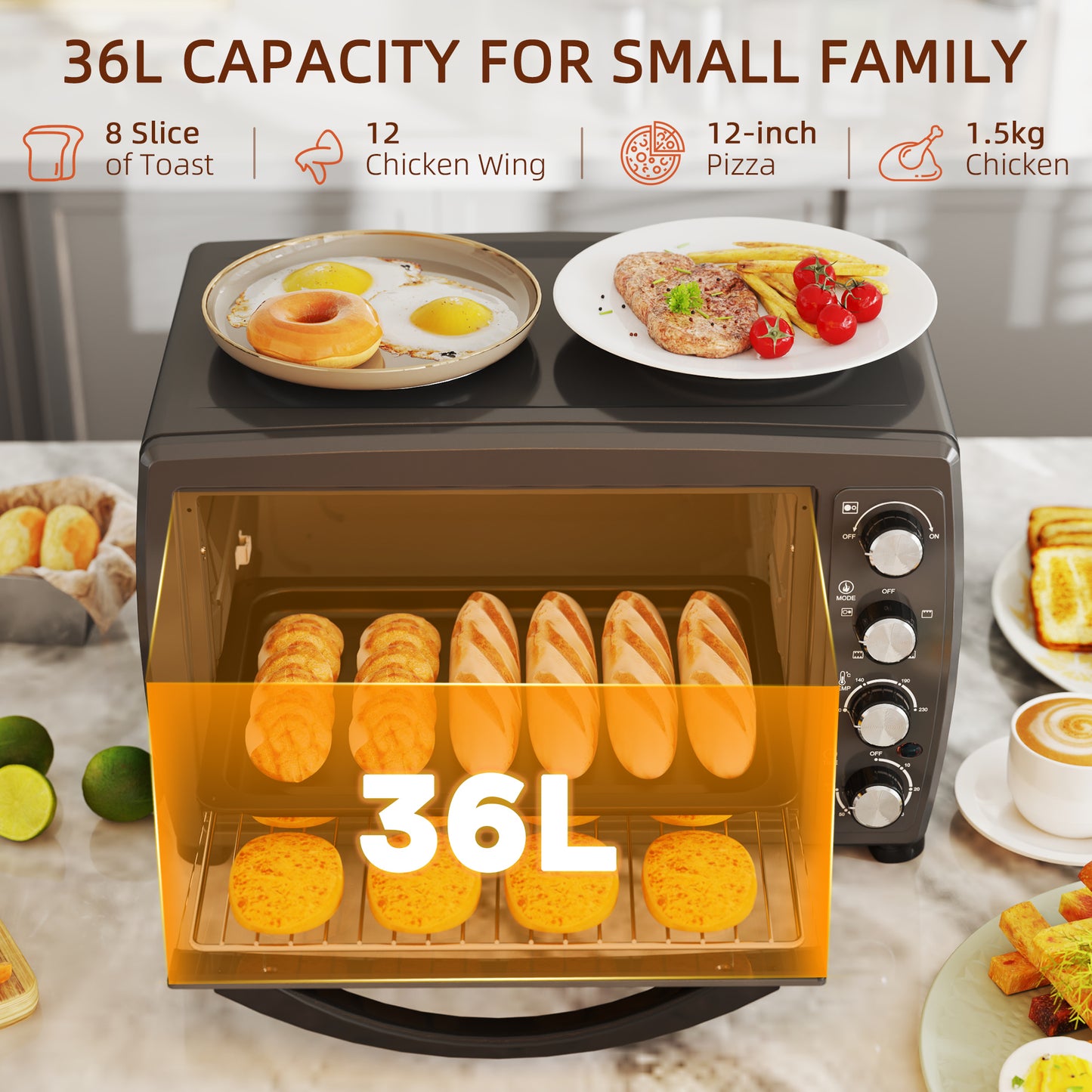 HOMCOM 36L Electric Oven & 2 Hot Plates, Countertop Toaster - Bake, Grill, Roast, Boil, Timer, 2600W, Black