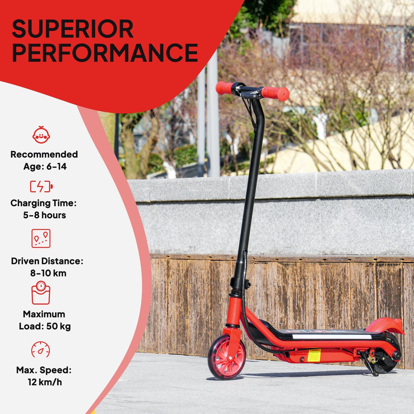 AIYAPLAY Kids Electric Scooter, Ages 6-14, Dual Brakes, Flash Wheel, Colorful Light, Up to 12 KM/H & 10 KM Range, Red