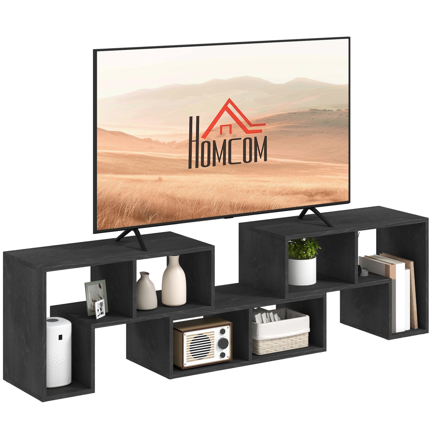 HOMCOM TV Stand for TVs up to 75", Storage Shelves, Extendable Unit, Black Wood Grain