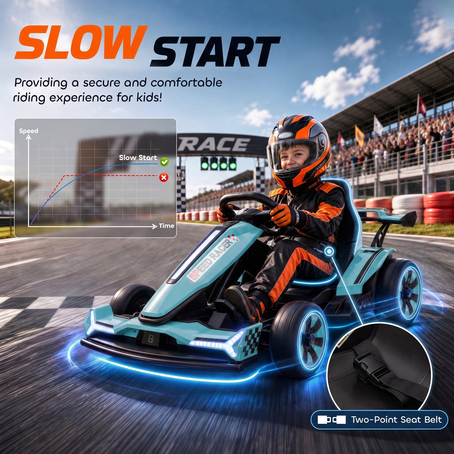AIYAPLAY 24V Electric Go Kart for Kids 6-12 Years with Drift Mode, Adjustable Seat, 3 Speed, Slow Start, Light Blue