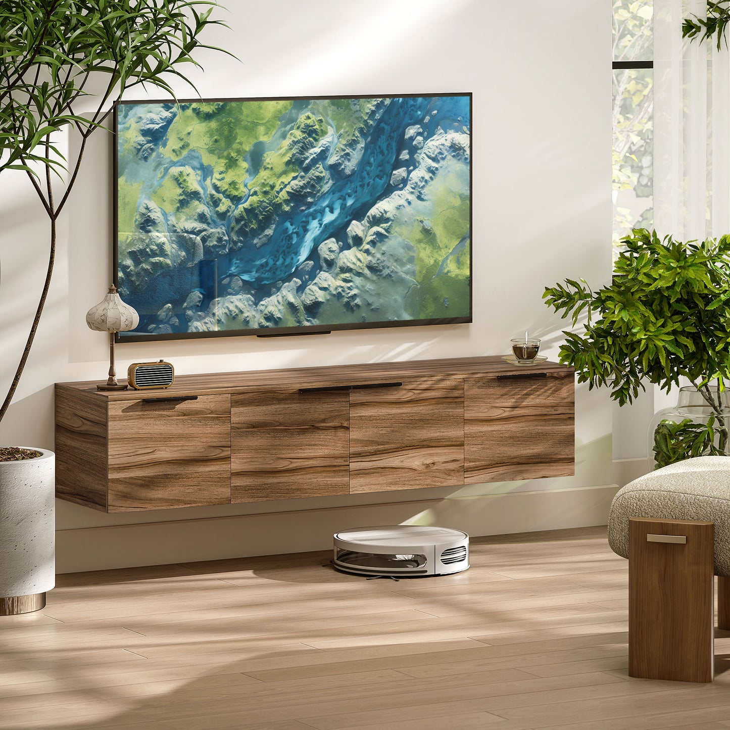 HOMCOM Wall Mounted TV Stand, 150 cm Floating Unit with Shelves and Doors, Media Console for Living Room, Bedroom, Rustic Brown