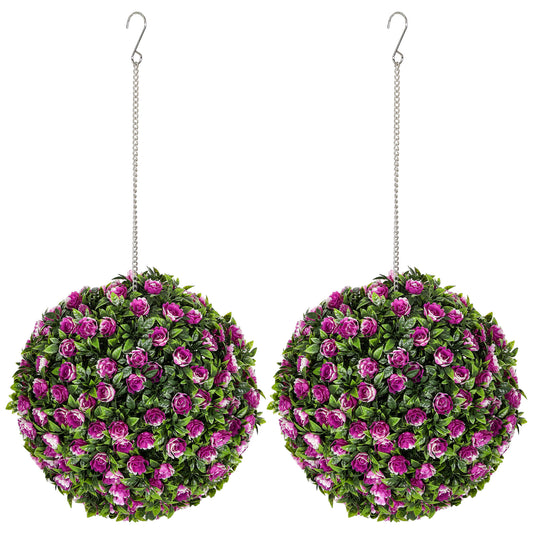 HOMCOM Set of 2 Artificial Plants, UV-Protected Topiary Rose Balls, 28cm, Purple