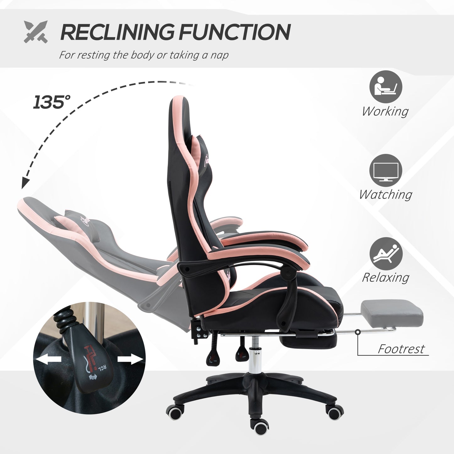 Vinsetto Computer Gaming Chair, PU Leather, Footrest, 135° Recline, Lumbar Support, Swivel Task Chair for Adults, Black and Pink