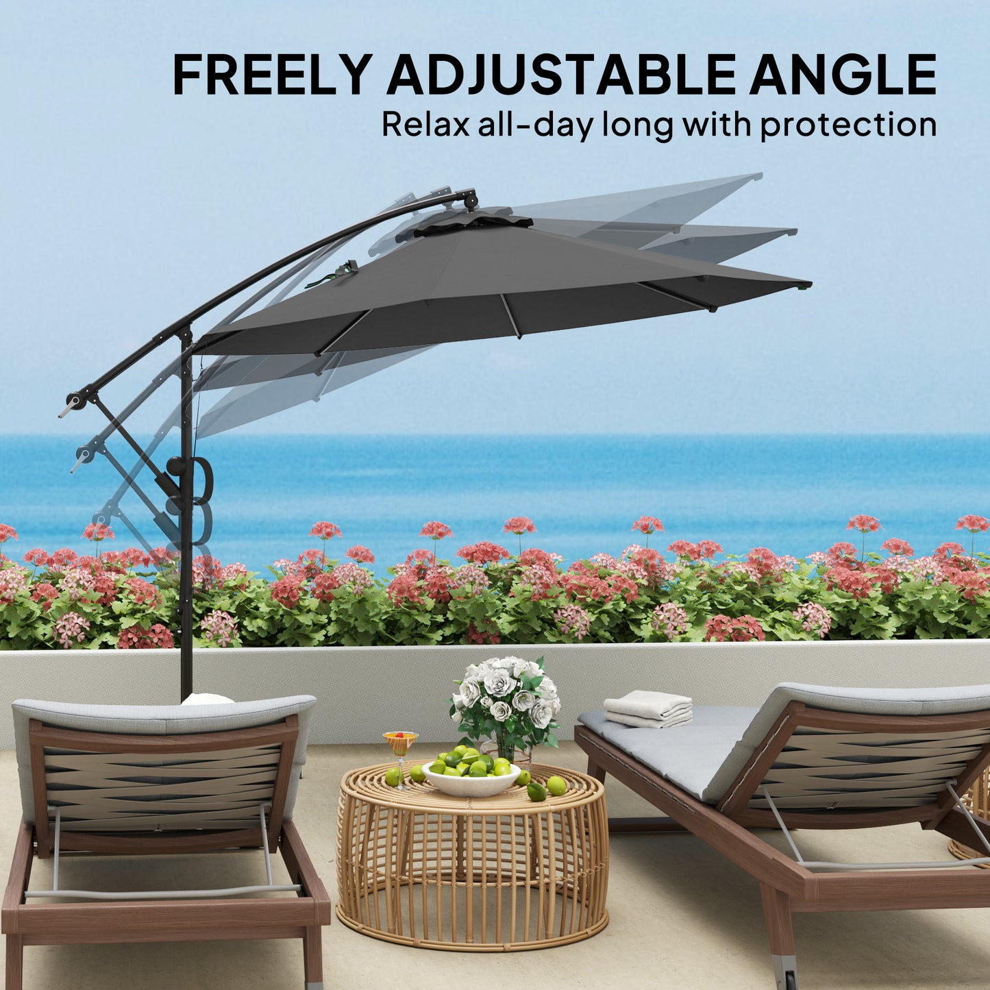 Outsunny Garden Cantilever Parasol with Cover, Wind Protection Strap, Crank Handle, Tilt, UPF50+, Outdoor Sun Shade, 3m, Grey