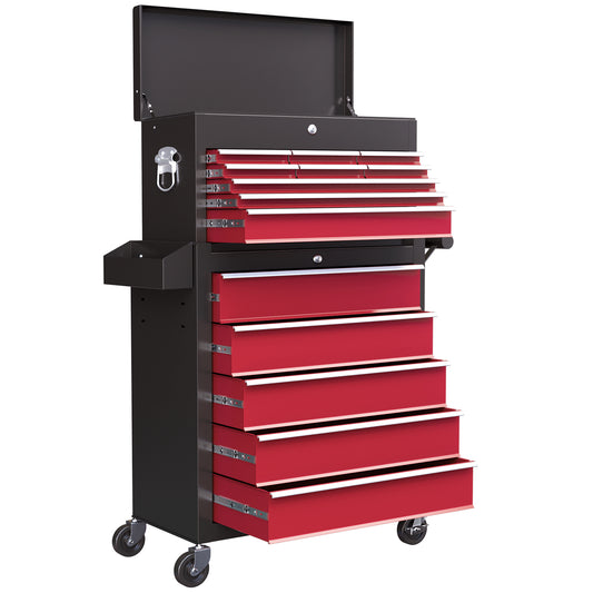HOMCOM Rolling Tool Cabinet on Wheels with 14 Drawers, Pegboard and Side Rack, Lockable Top Tool Chest and Roller Cabinet Combo for Workshop and Home, Red