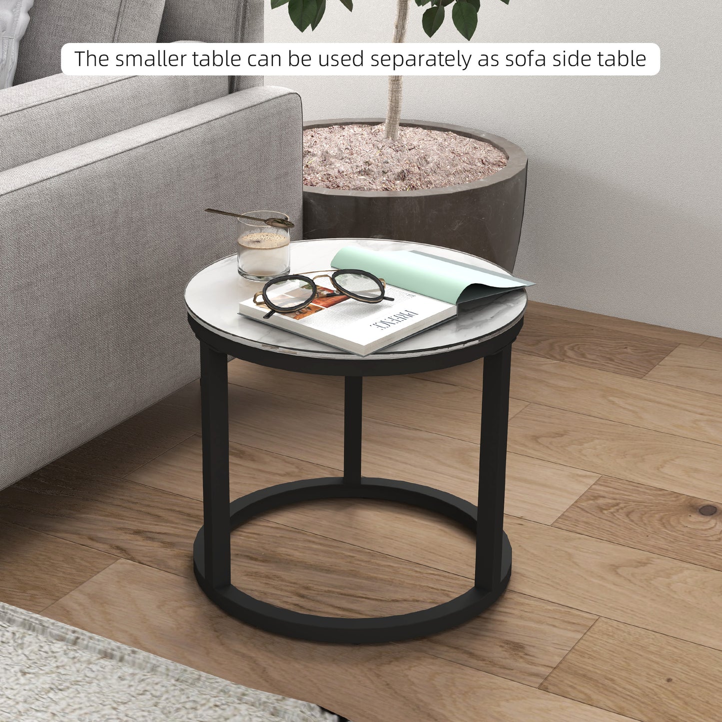 HOMCOM Glass Coffee Table Set, Round Marble-Effect Tempered Glass Top & Steel Frame, White