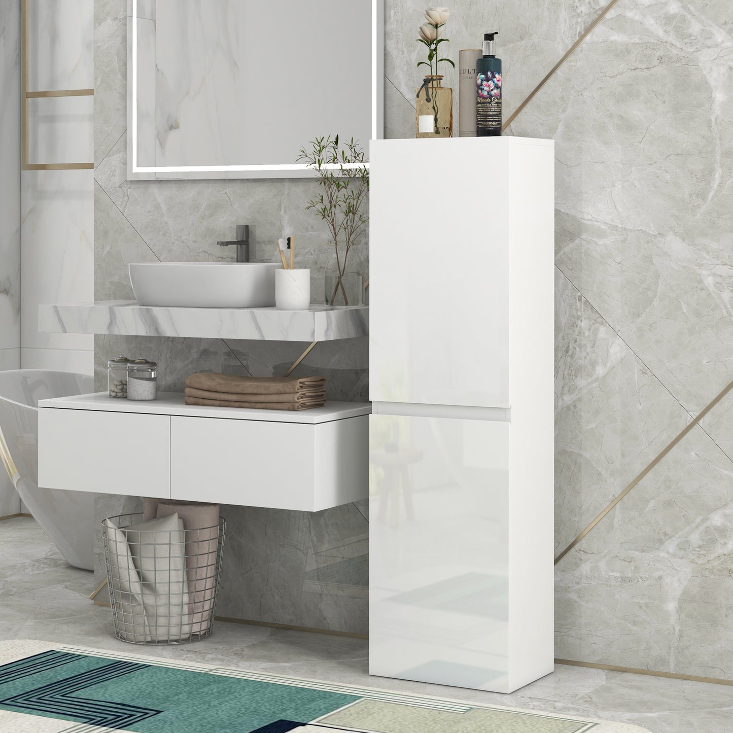 kleankin Bathroom Storage Unit, Tall Bathroom Cabinet with 2 Cupboards and Adjustable Shelves, White