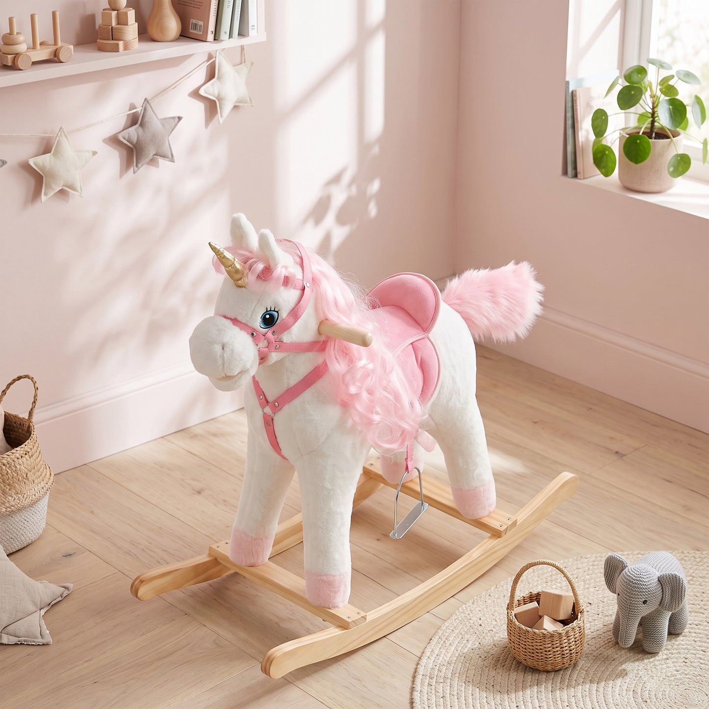 AIYAPLAY Rocking Horse, Unicorn Kids Ride on Horse with Rocking Limit, Hoofbeats, Neighing, Moving Mouth & Tail, for 1-3 Y, White
