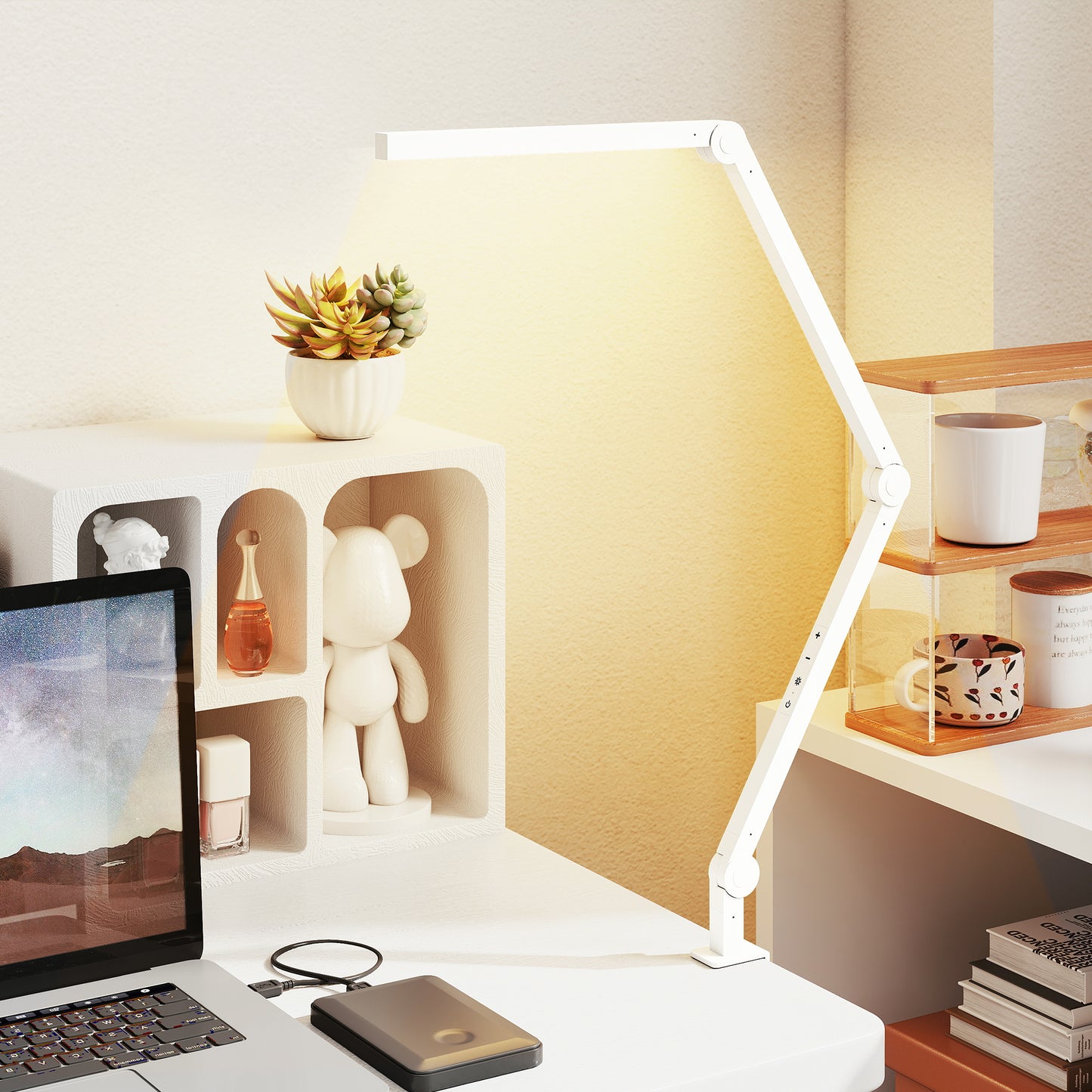 HOMCOM LED Desk Lamp, Dimmable with Swing Arm & Clamp, Adjustable Eye-Caring Light, 2 Colors & 5 Brightness Levels for Office, Study, Task, White