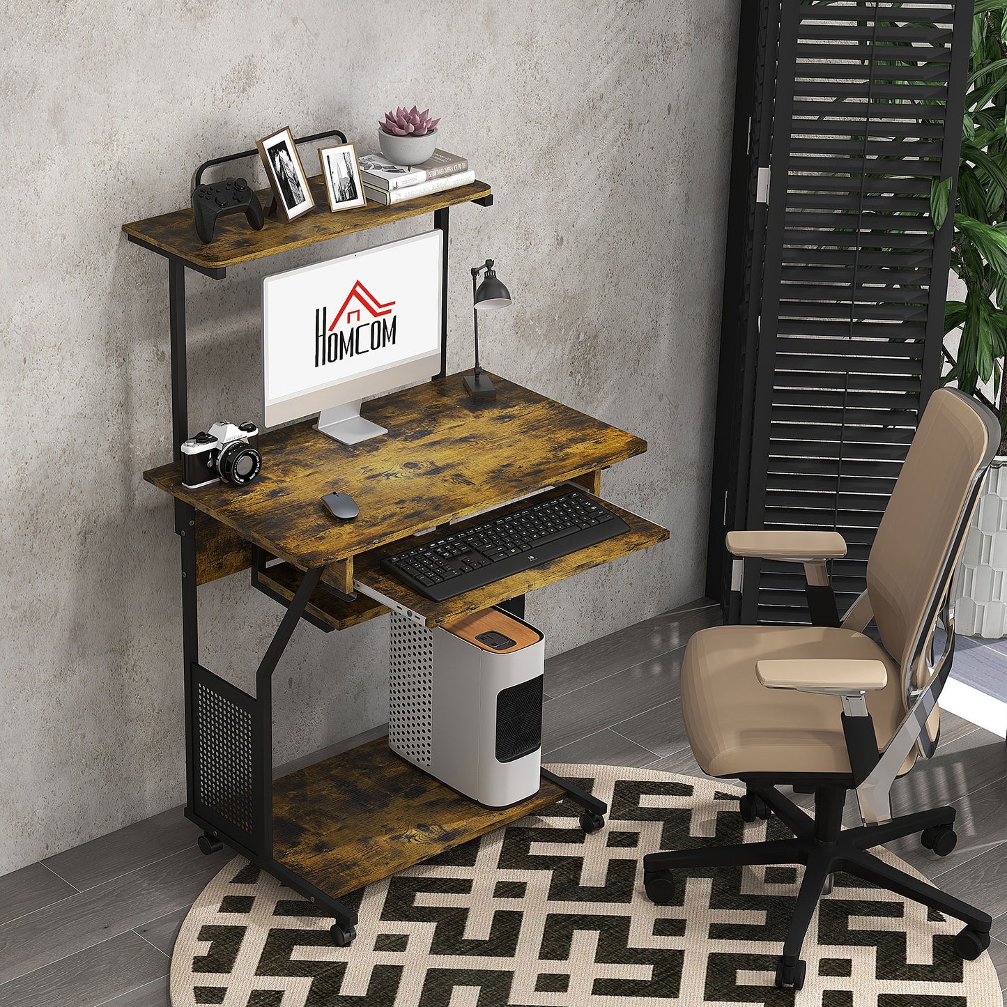 HOMCOM Rolling Computer Desk with Keyboard Tray - Rustic Brown