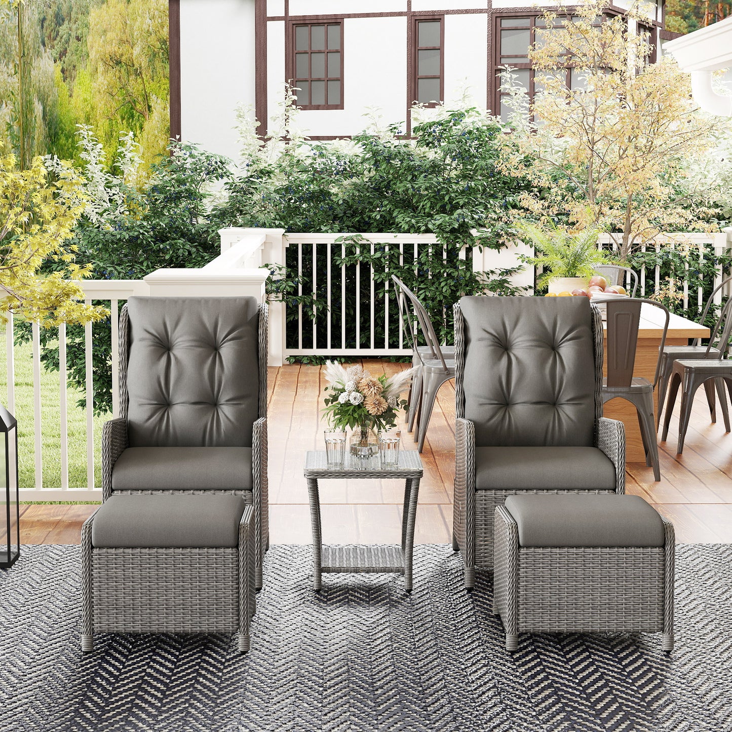 Outsunny 5pc Rattan Bistro Set: Reclining Wicker Furniture with Cushions, Glass Table & Footstools, Light Grey