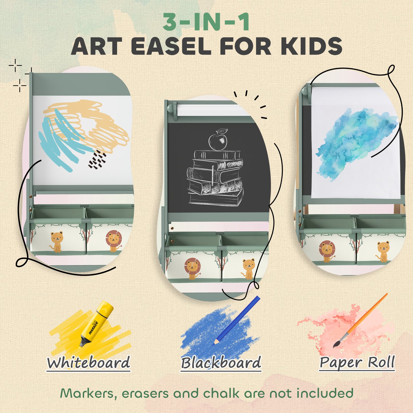 AIYAPLAY Art Easel for Kids, Double-Sided Whiteboard/Blackboard with Paper Roll, Two Storage Boxes, for Ages 3-8 Years, Green