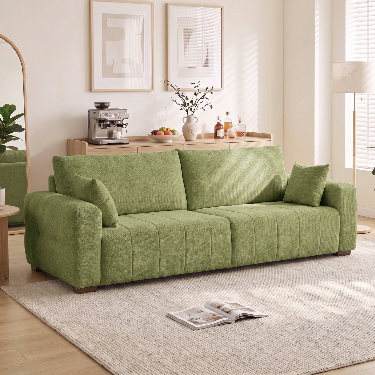 HOMCOM 3 Seater Sofa, Upholstered Velvet Couch for Bedroom with Pillows, Padded Cushion and Wood Legs, Green
