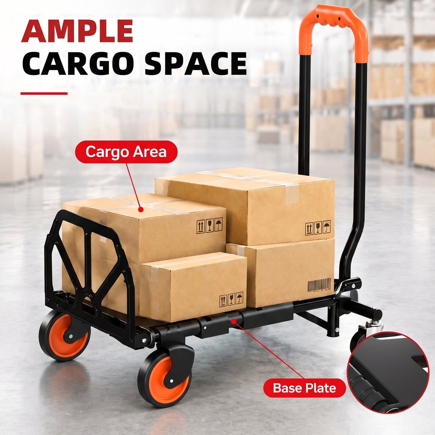 HOMCOM Steel 2-in-1 Folding Hand Truck on Wheels,  Foldable Trolley with Foldable Base, 120kg, Black and Orange