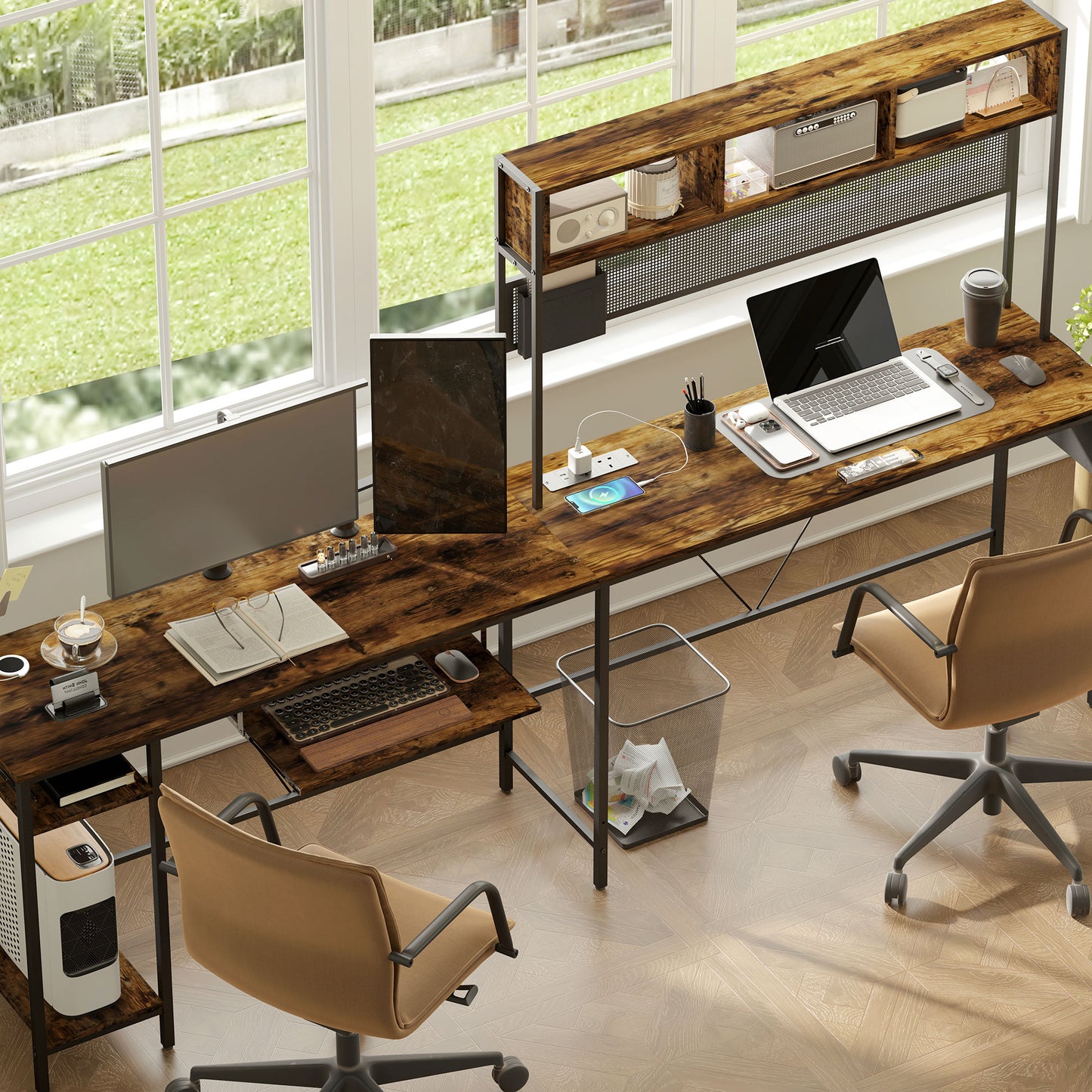 HOMCOM 160cm Reversible L Shaped Desk with Outlet, Corner Desk w/ Storage & Tray, 240cm, Rustic Brown