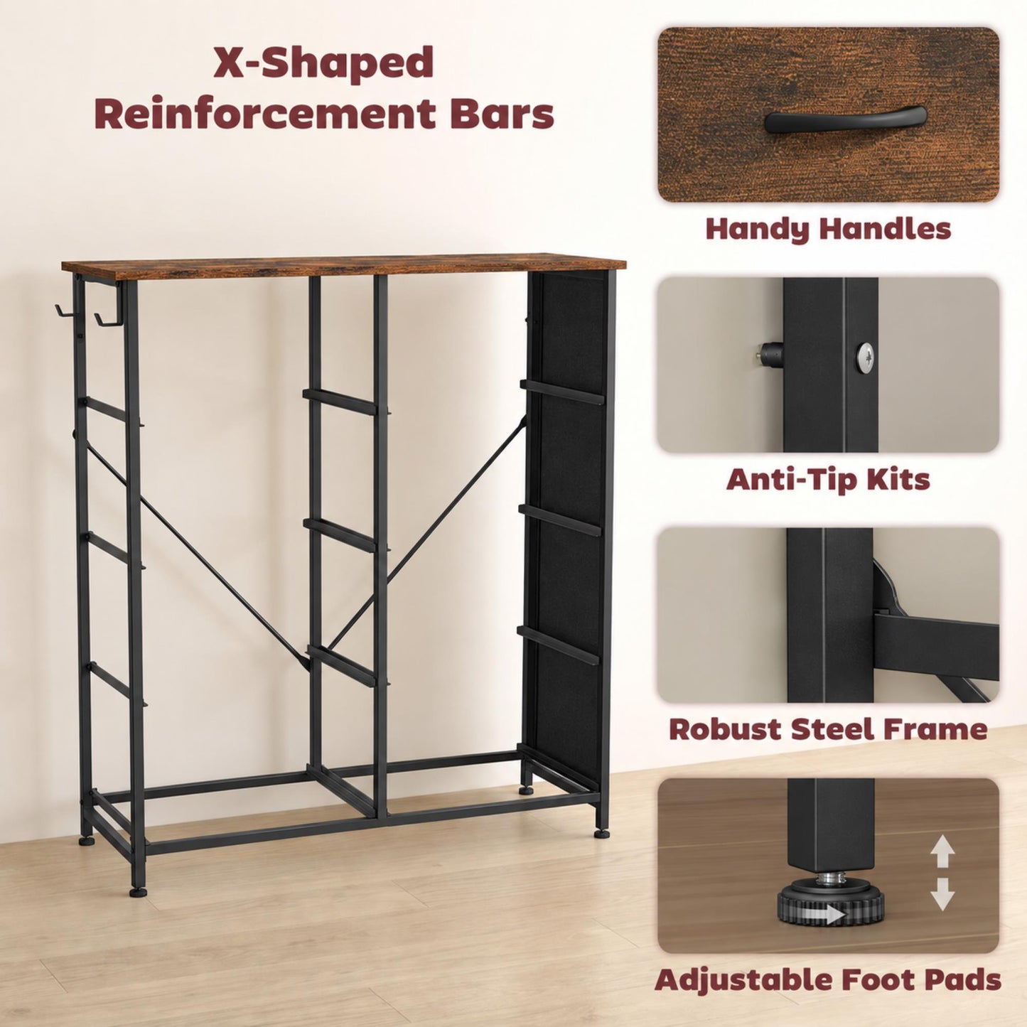 HOMCOM Chest of Drawers, Dresser for Bedroom with 8 Fabric Drawers, Tall Storage Unit w/ Side Storage Bag, Rustic Brown