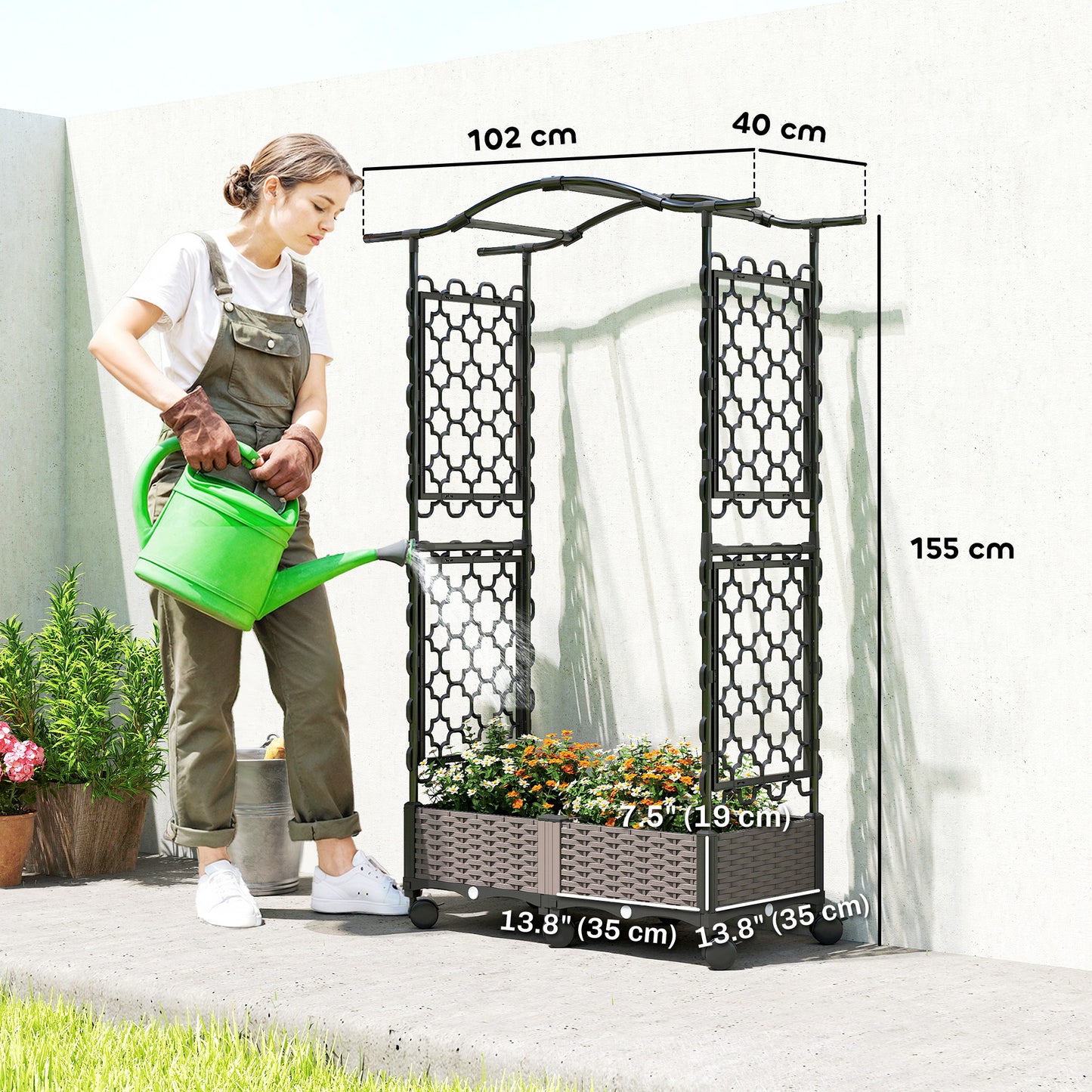 Outsunny Raised Garden Bed with Arch Trellis, Raised Bed for Garden on Wheels with Side Trellis, Self Watering Planter Box