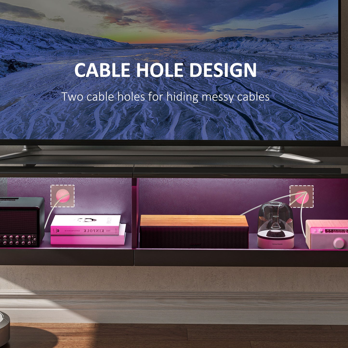 HOMCOM Floating TV Unit, Wall Mounted Cabinet with LED Lights, High Gloss Storage Shelves, Black