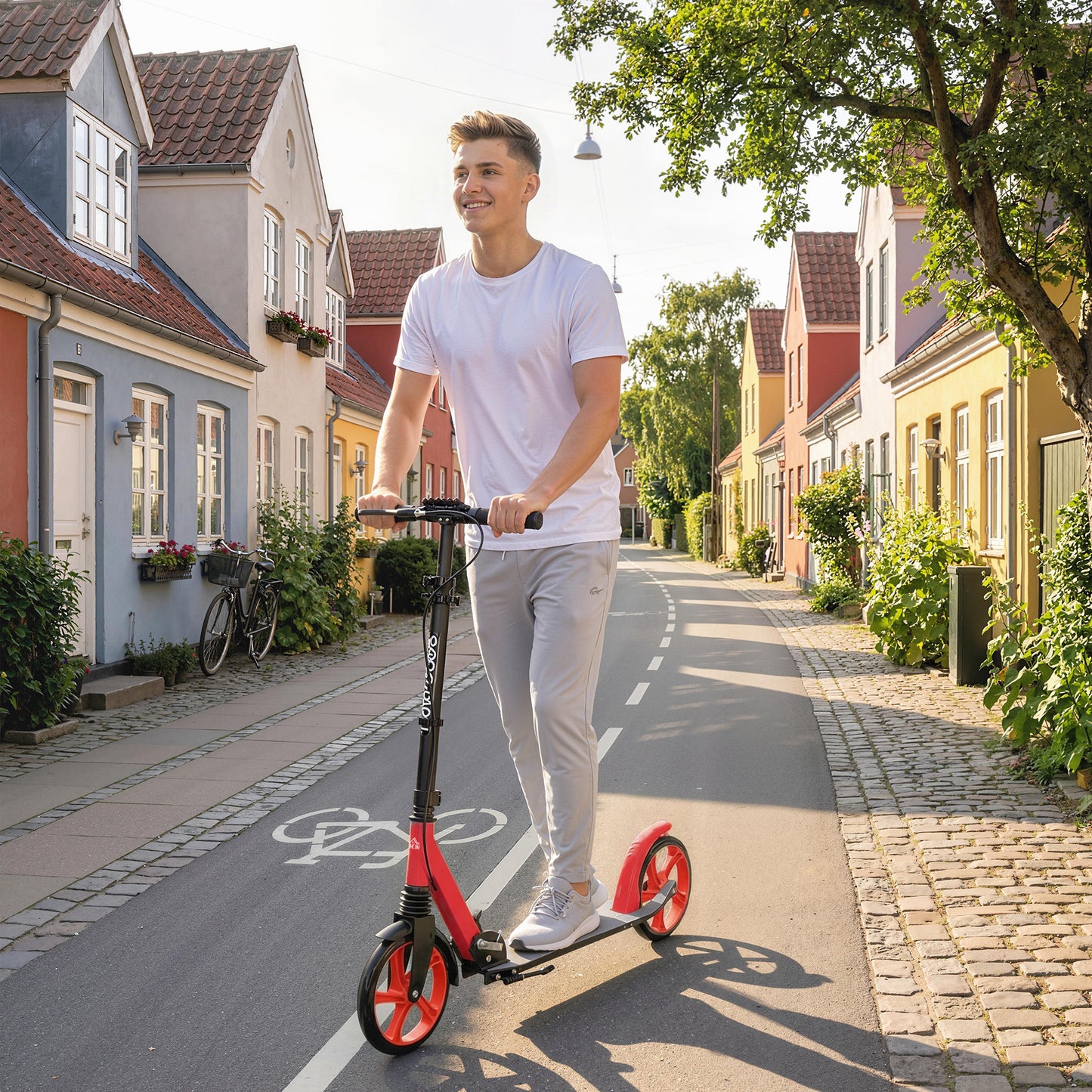 HOMCOM One-click Folding Kick Scooter for 14+ w/ Adjustable Handlebar, Push Scooter with Kickstand, Dual Brake System, Red