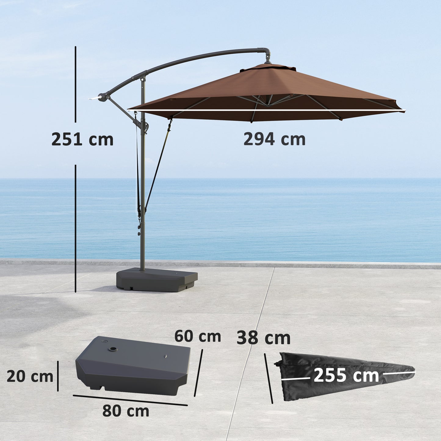 Outsunny Garden Cantilever Parasol with Base, Strap, Cover, Crank Handle, Tilt, UPF50+, Patio Umbrella for Sun Shade, Brown
