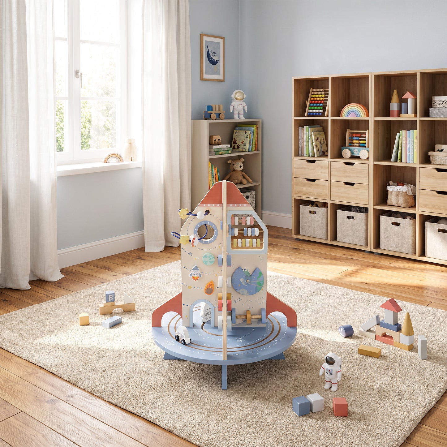 AIYAPLAY Wooden Activity Cube, Rocket Theme Educational Toys with Shape Sorter & Bead Maze for Toddlers 24M-6Y Fine Motor Skill