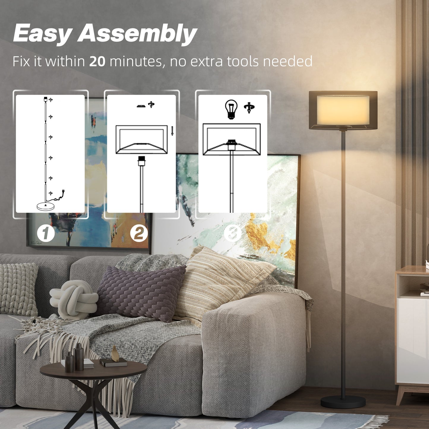 HOMCOM Modern Floor Lamp with Dual-Layer Shade & Foot Switch, Height Adjustable Tall Pole for Bedroom, Office, Living Room, Black