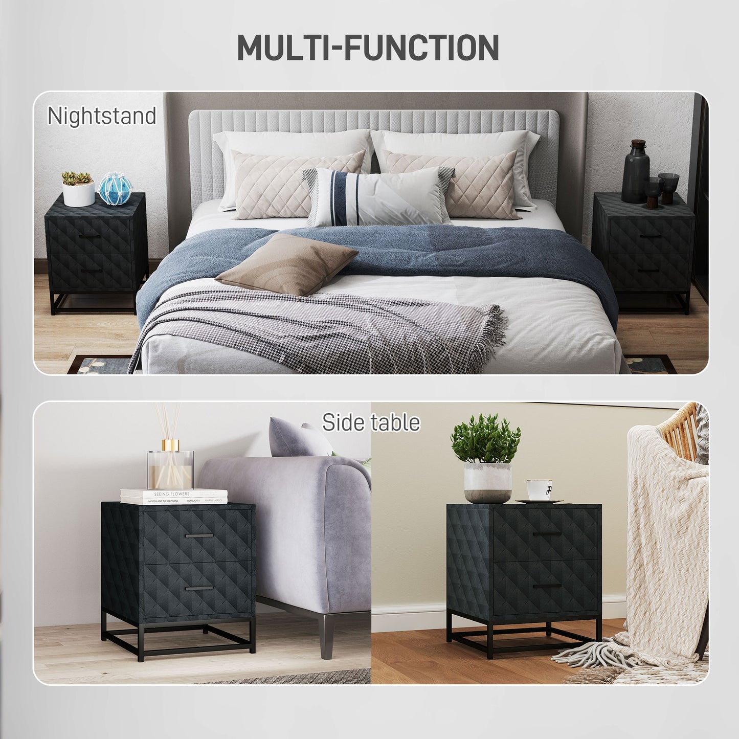 HOMCOM Bedside Tables Set of 2, Modern Nightstand with 2 Drawers, Steel Legs, for Bedroom/Living Room, Black
