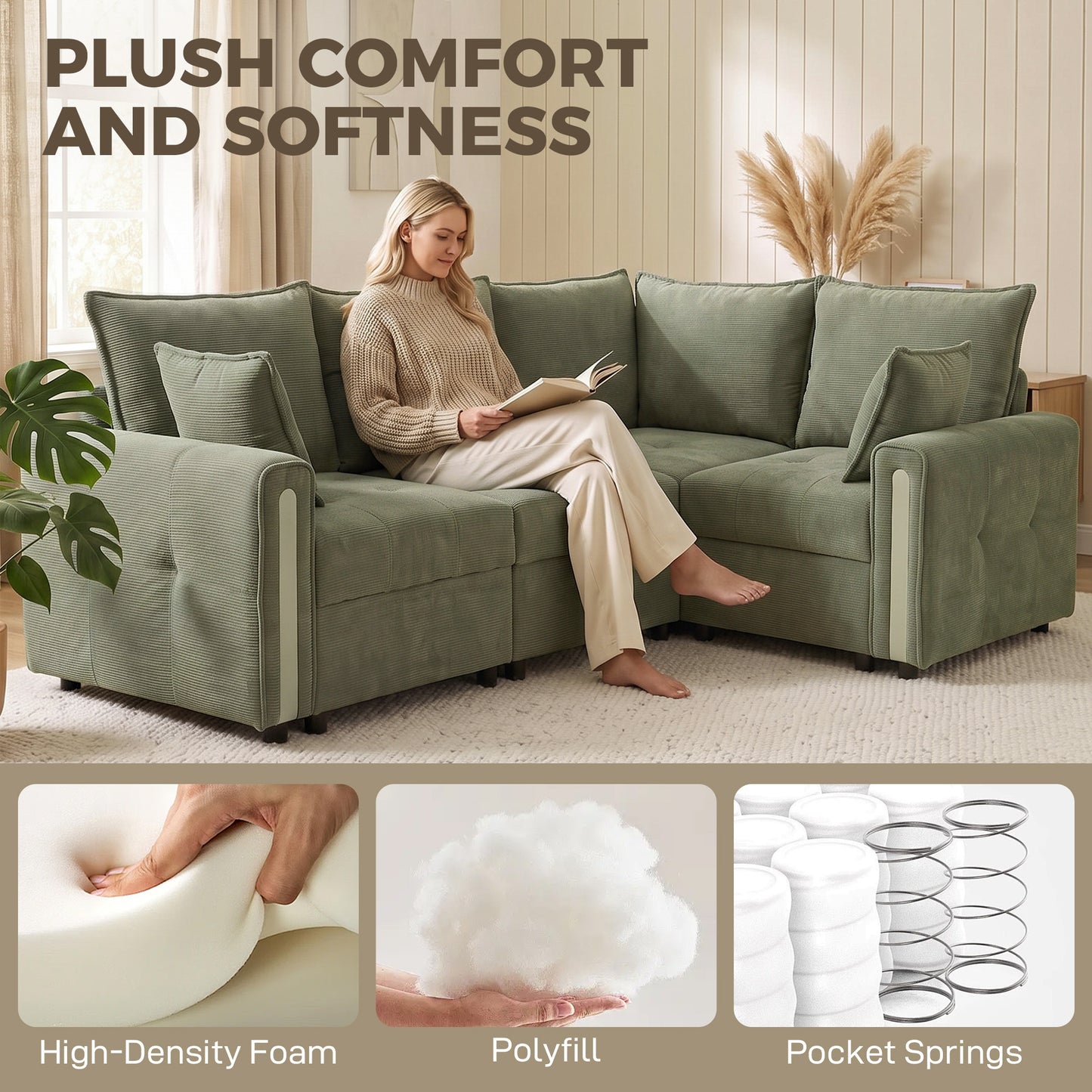 HOMCOM 228cm L Shaped Sofa with Lift-Up Storage, 3-Seater Sectional Sofa with Wide Deep Seat, Dark Green