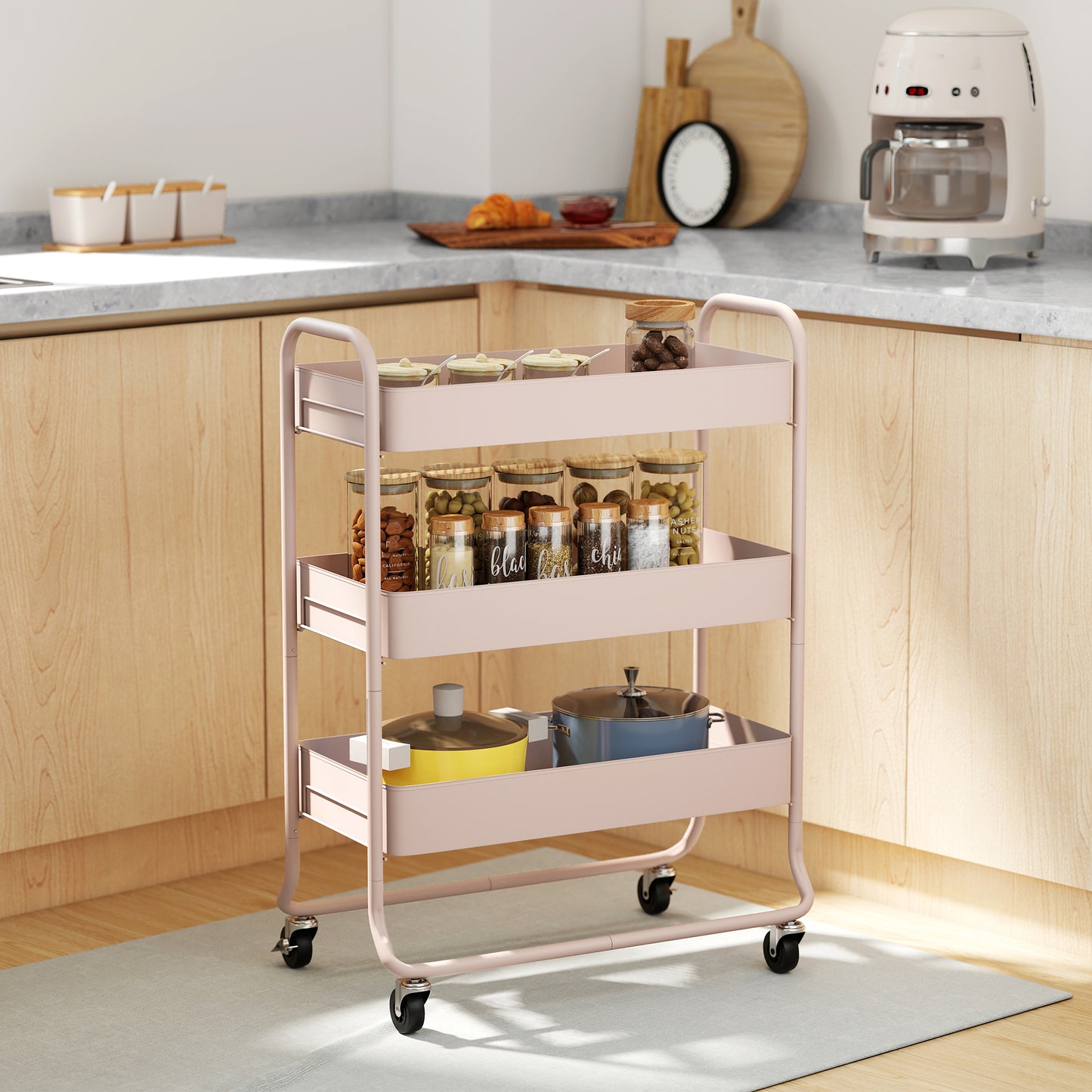 HOMCOM 3-Tier Storage Trolley on Wheels, Rolling Utility Cart with Mesh Backets for Kitchen, Bathroom, Bedroom, Light Pink