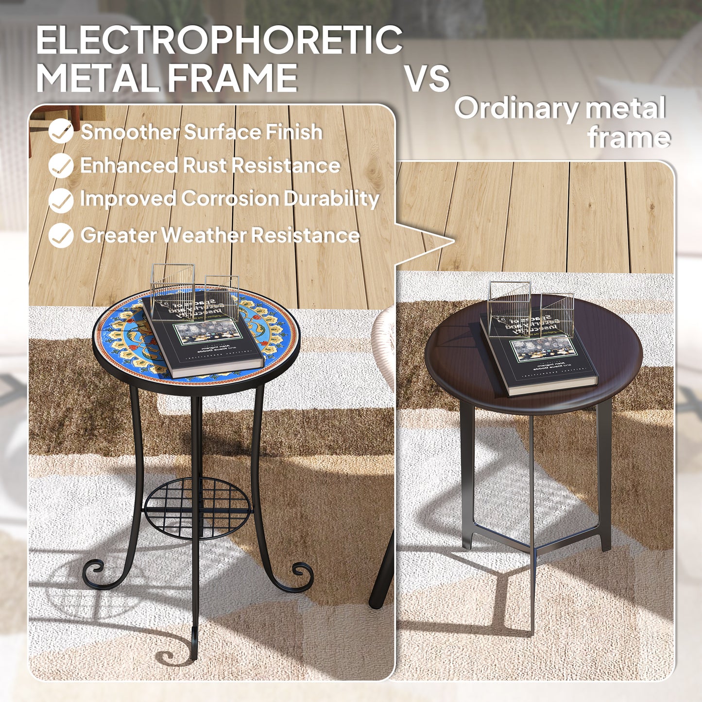 Outsunny Mosaic Garden Table, 35.5 cm Round, Ceramic Tile Top, Side Table/Plant Stand, Blue for Patio/Balcony