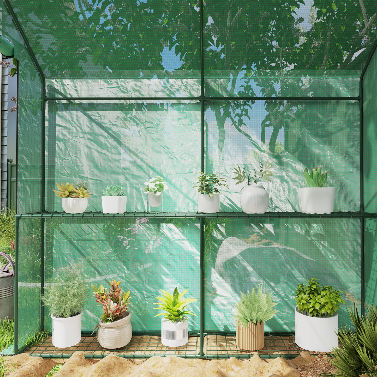 Outsunny Walk-in Greenhouse, 2 Tier 4 Shelves, Reinforced PE Cover, Roll-up Door, 120x186x190 cm, Green
