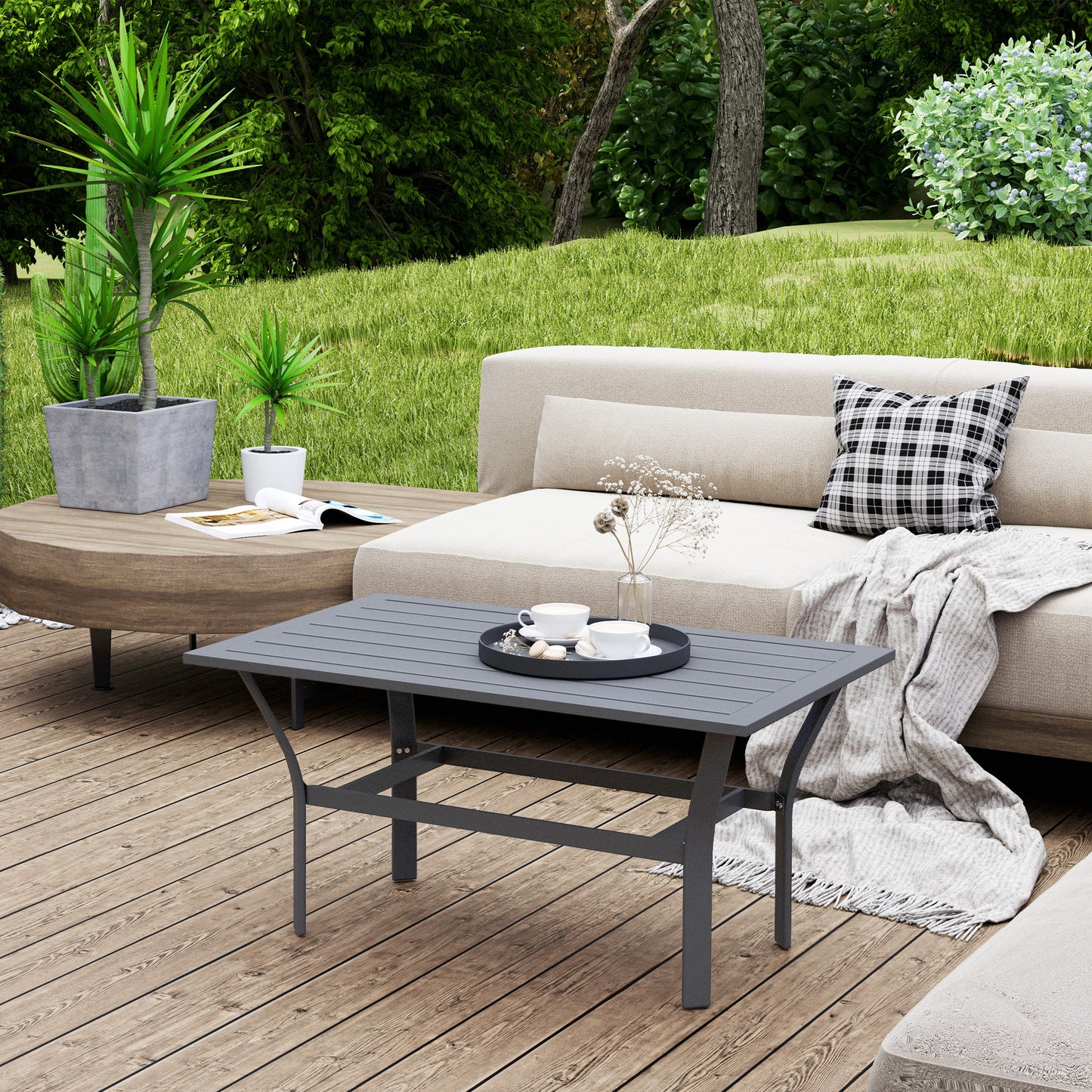 Outsunny Metal Garden Coffee Table, Rectangular Outdoor Side Table with Slatted Top, Foot Pads, 91.5x55x45cm, Dark Grey