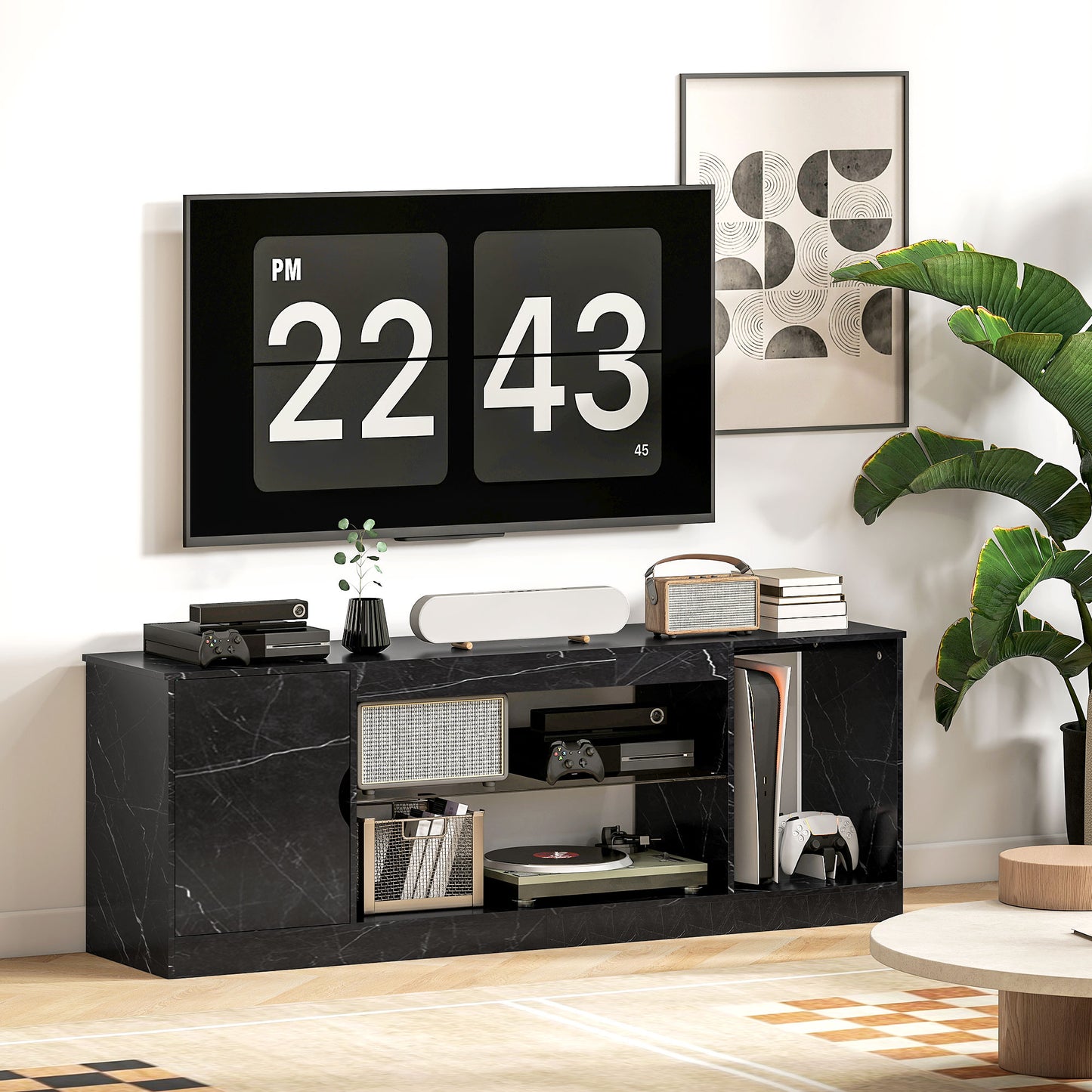 HOMCOM TV Stand Cabinet, Marble Effect, Glass Shelf & Storage for up to 55" TVs, Entertainment Unit for Living Room/Bedroom, Black