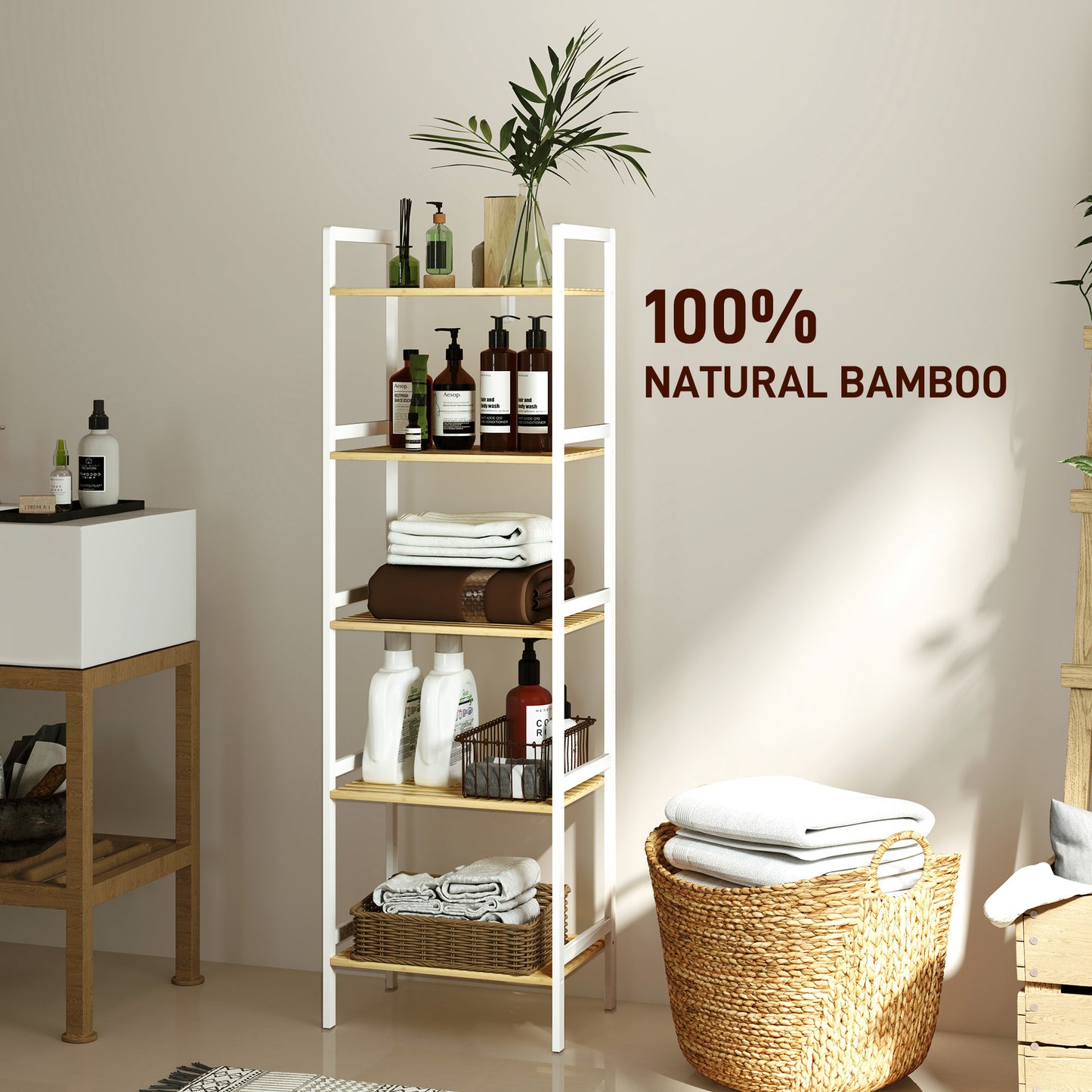 HOMCOM Five-Tier Bamboo Adjustable Shelf Storage Unit