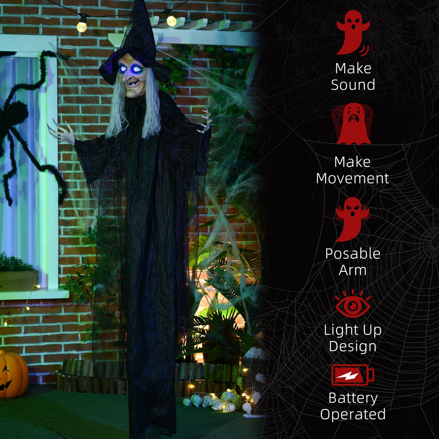 HOMCOM 6ft Outdoor Halloween Witch Prop, Life-Size with Sound & Motion Activation, Light-Up Eyes, Talking Sound, Posable Arms, Black