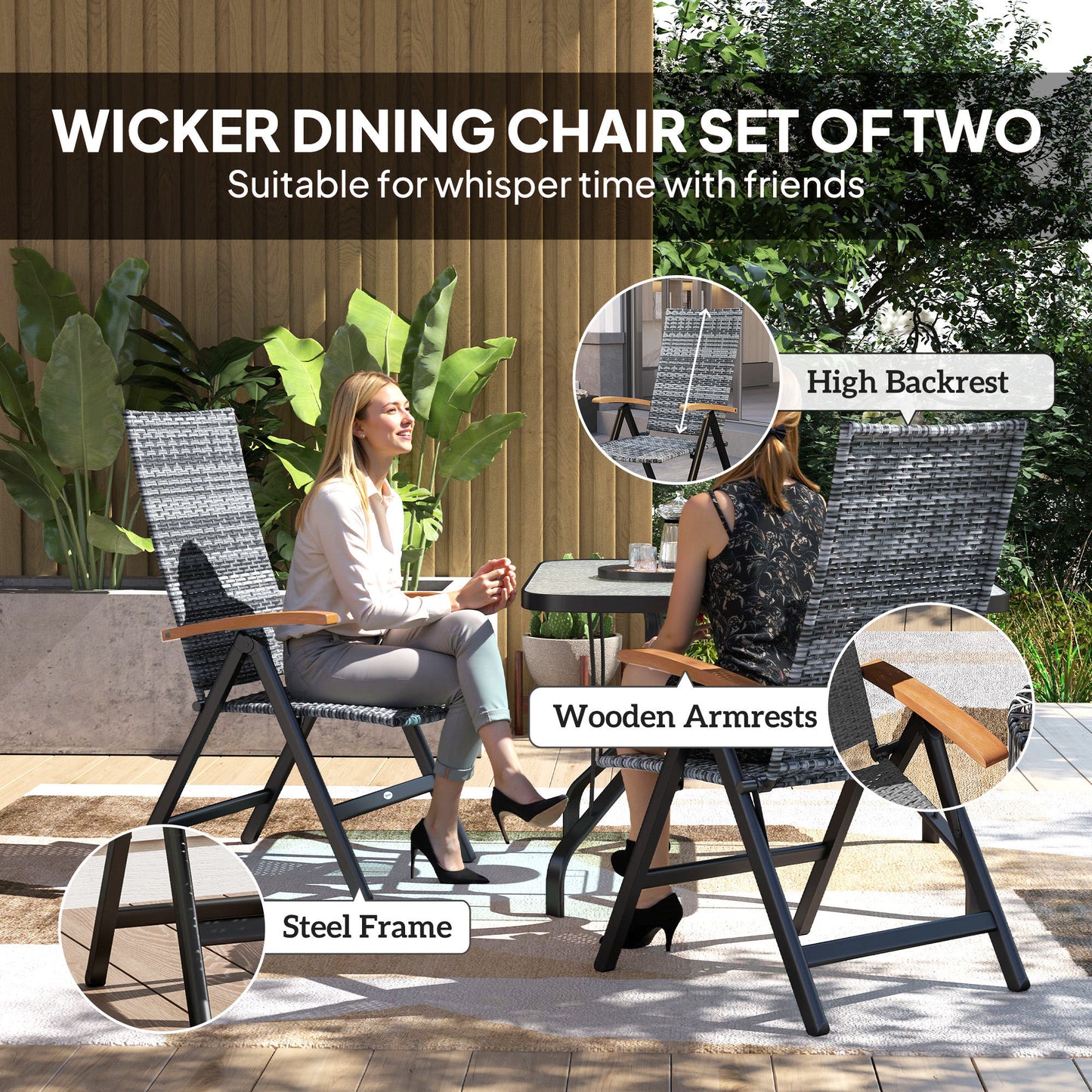 Outsunny 2 Pieces Outdoor Foldable Dining Chair with Armrests, High Backrest, for Garden, Camping, Balcony, Light Grey