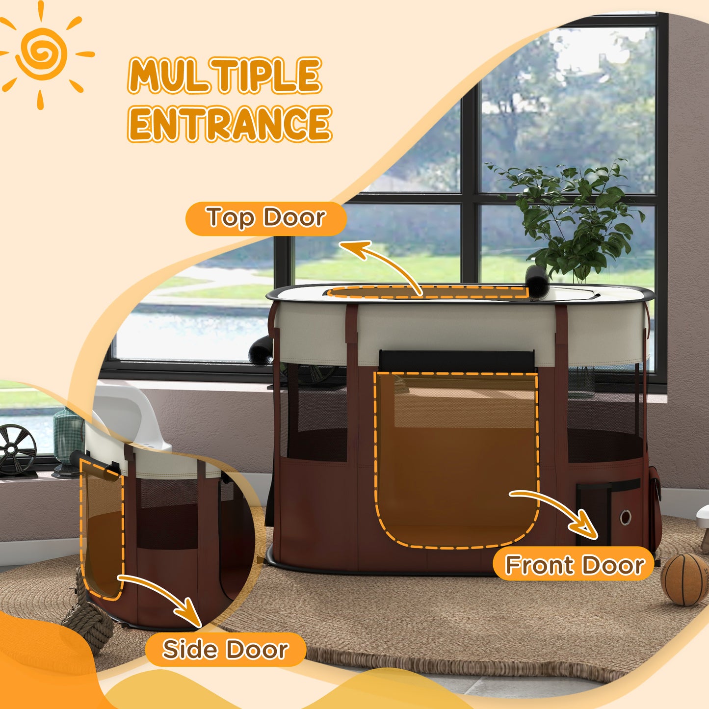 PawHut Foldable Dog Pen with Storage Bag for Indoor/Outdoor Use, Portable Pet playpen, with Ground Stakes - Brown