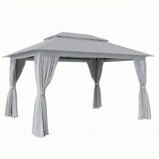 Outsunny 3 x 4 m Outdoor Garden Gazebo with Netting and Curtains, UPF50+ Patio Gazebo Permanent Pavilion Canopy, Dark Grey
