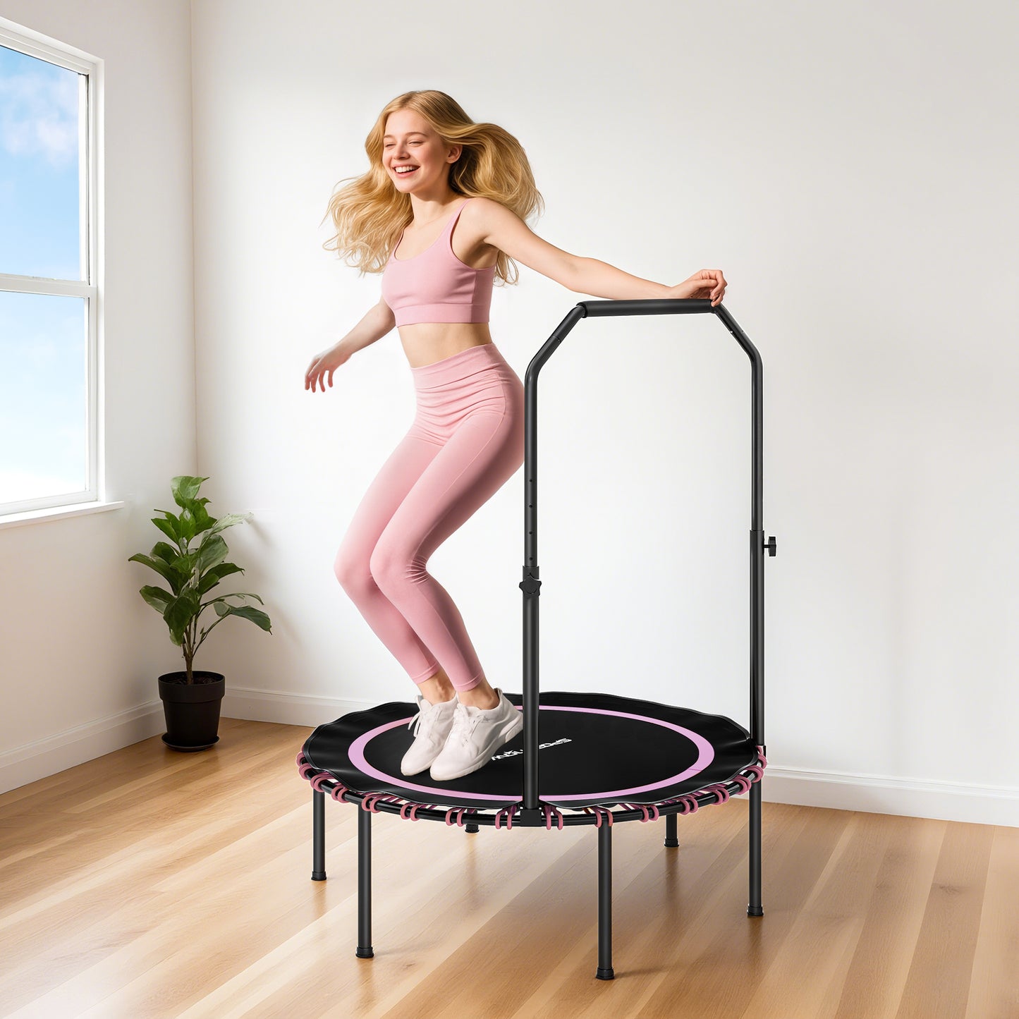 SPORTNOW 40'' Foldable Fitness Trampoline, Mini Bungee Rebounder with 5-Level Adjustable Handle for Adults, Indoor/Outdoor Exercise, Pink