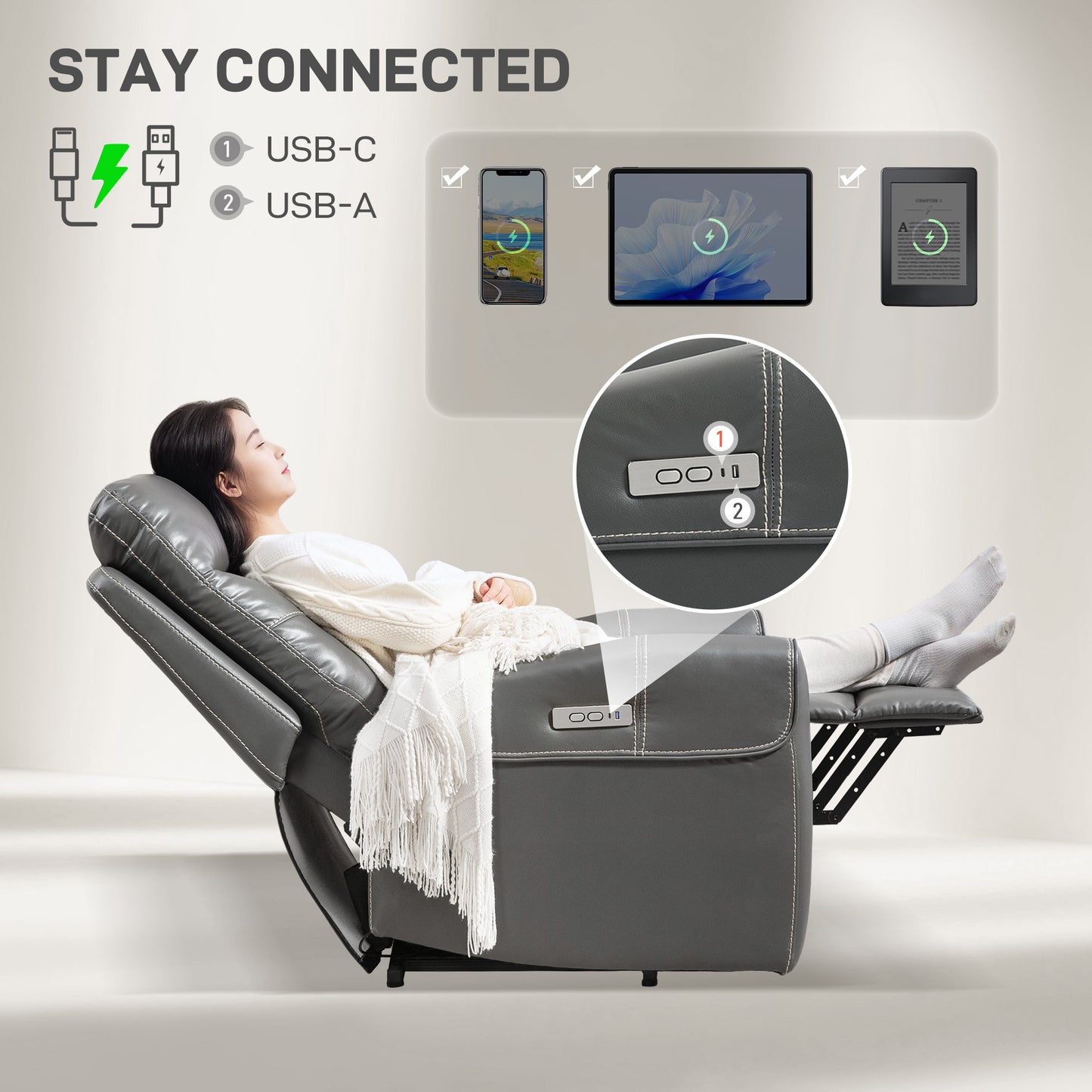 HOMCOM Power Lift Recliner Chair, Overstuffed Faux Leather with USB A+C Ports, Remote Control for Living Room, Charcoal Grey
