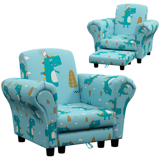 AIYAPLAY 2 Piece Kids Sofa Set with Dinosaur Design, Wooden Frame, for 1.5-3 Years Old - Blue