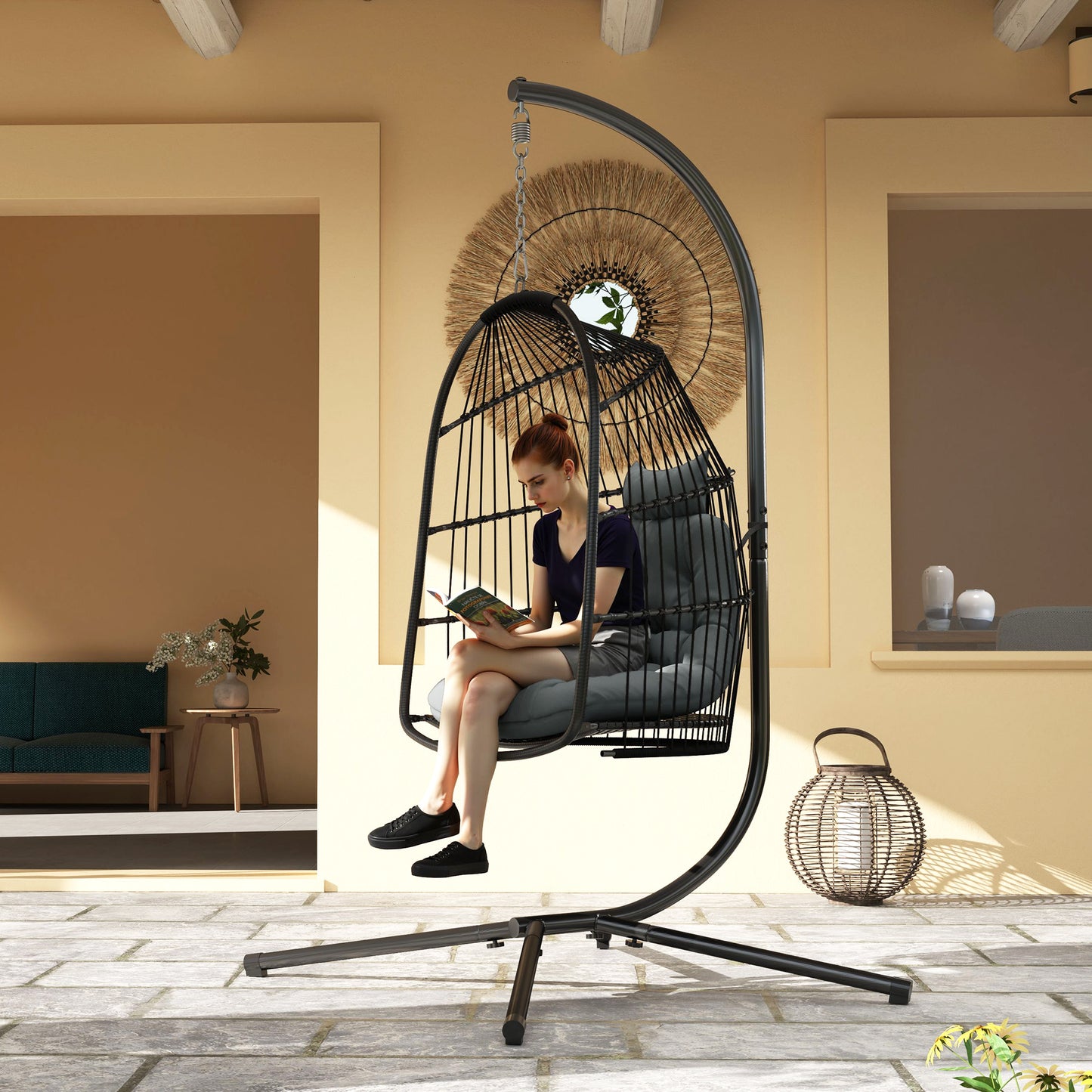 Outsunny Hanging Egg Chair Indoor Outdoor Rattan Swing with Installation Kit, Foldable Seat, Thickened Cushion & Headrest, Dark Grey